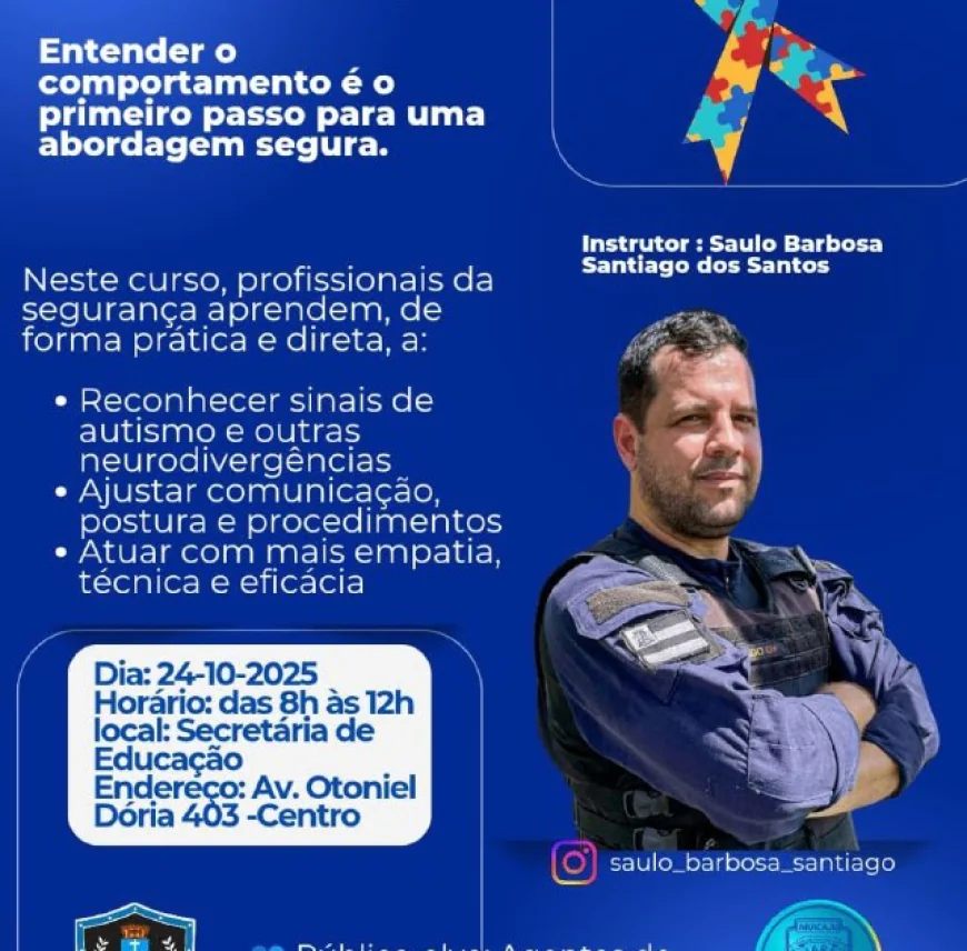 GUARDA MUNICIPAL DE ITABAIANA ESTÁ OFERTANDO À SUA TROPA O CURSO "ABORDAGEM E NEURODIVERGÊNCIA NA ÁREA DA SEGURANÇA PÚBLICA".